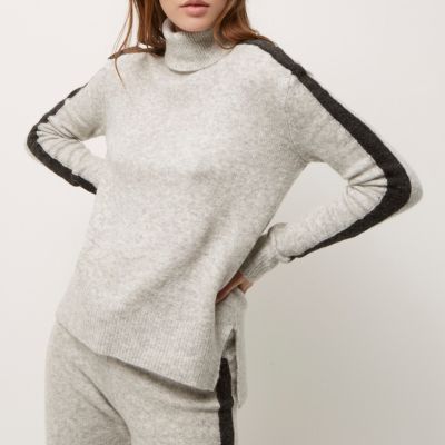 Grey stripe sleeve turtleneck jumper